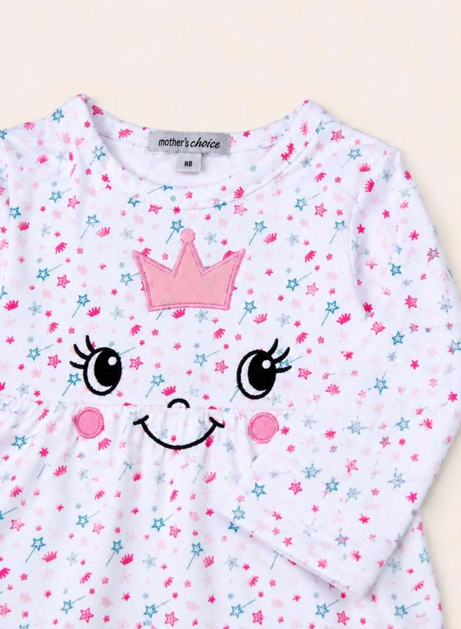Mothers Choice Baby Girl White Crown Printed Long Sleeve Onesie Bodysuit