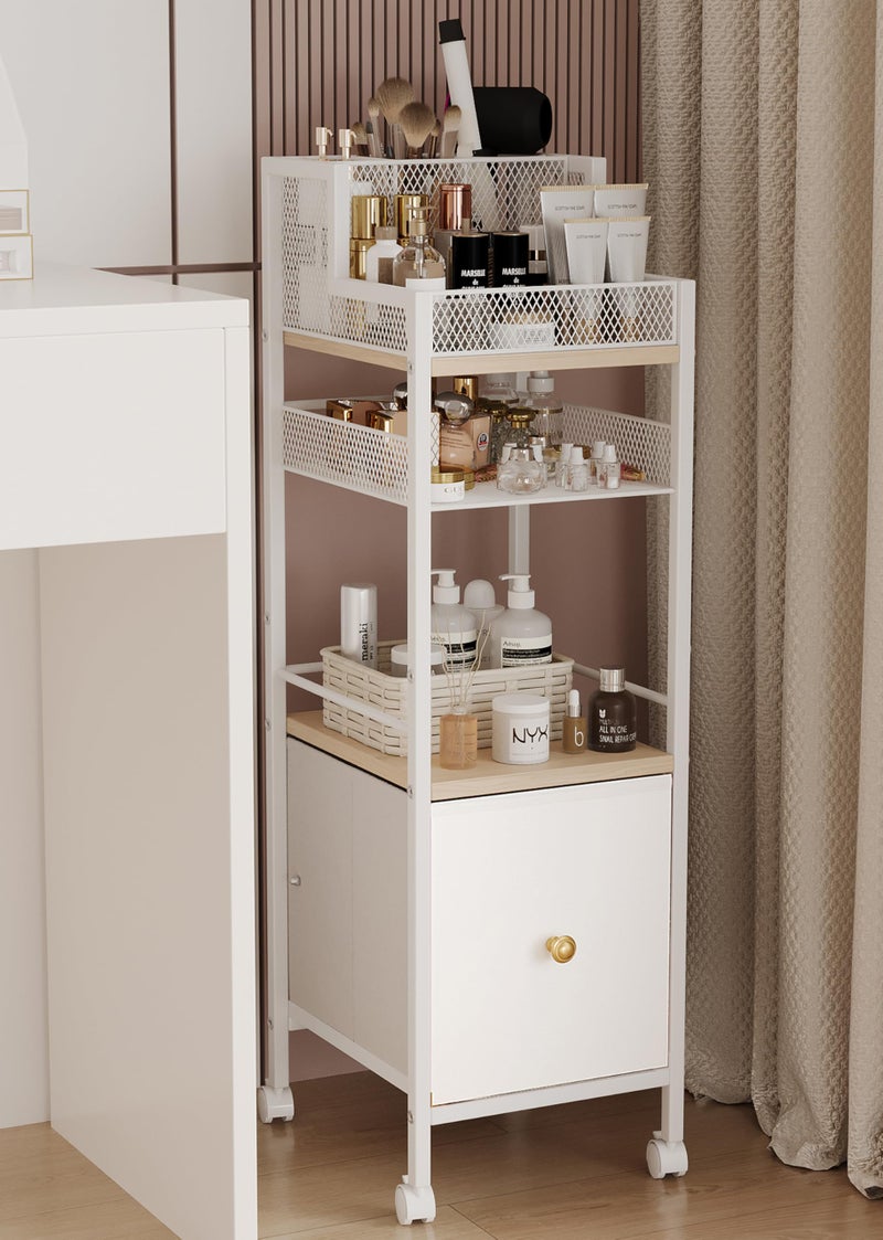 Dsmadn Floor Makeup Organizer Cart, Narrow Floor Skincare Organizers and Storage with Drawers, Bathroom Vanity Organizer Cosmetics Display Cases Holder for Skin Care Nail Polish Perfume Makeup Brush (White) - Image 1
