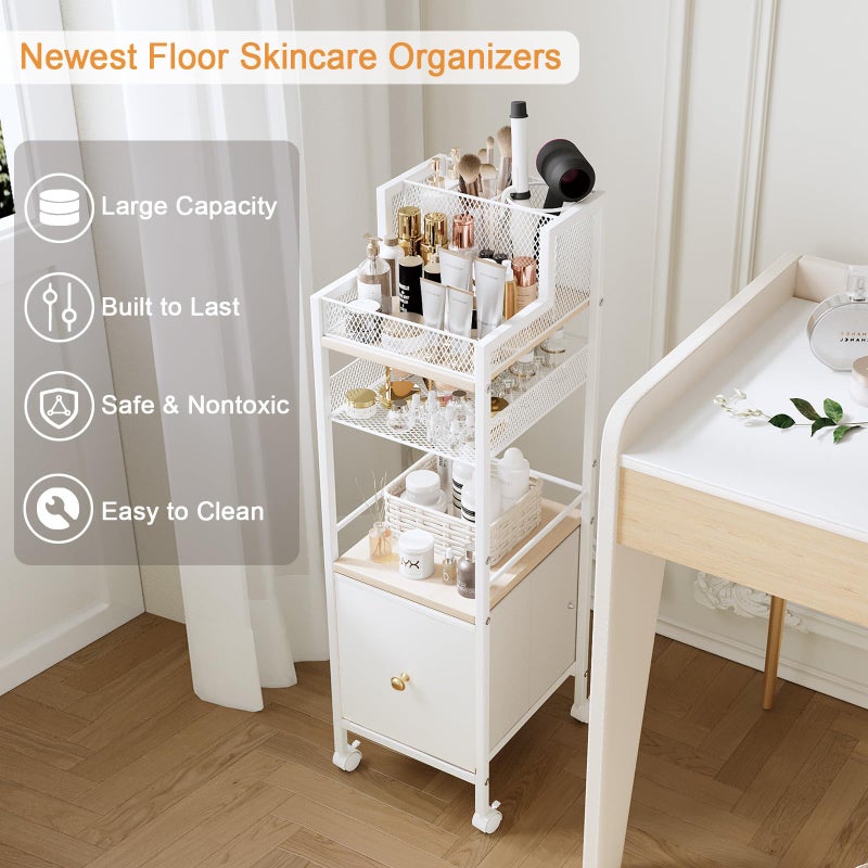Dsmadn Floor Makeup Organizer Cart, Narrow Floor Skincare Organizers and Storage with Drawers, Bathroom Vanity Organizer Cosmetics Display Cases Holder for Skin Care Nail Polish Perfume Makeup Brush (White) - Image 3
