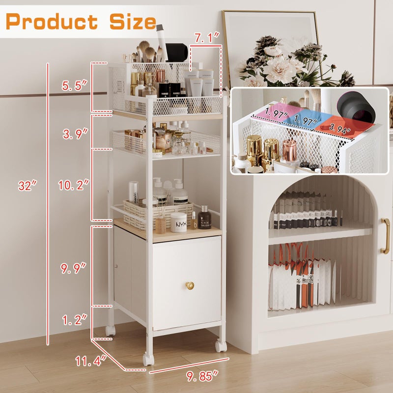 Dsmadn Floor Makeup Organizer Cart, Narrow Floor Skincare Organizers and Storage with Drawers, Bathroom Vanity Organizer Cosmetics Display Cases Holder for Skin Care Nail Polish Perfume Makeup Brush (White) - Image 2