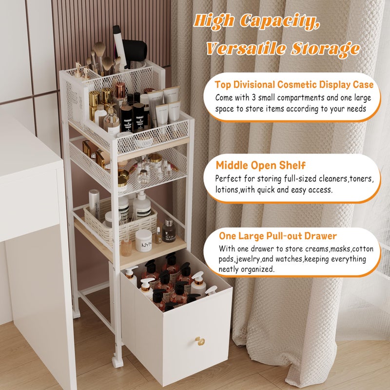 Dsmadn Floor Makeup Organizer Cart, Narrow Floor Skincare Organizers and Storage with Drawers, Bathroom Vanity Organizer Cosmetics Display Cases Holder for Skin Care Nail Polish Perfume Makeup Brush (White) - Image 4