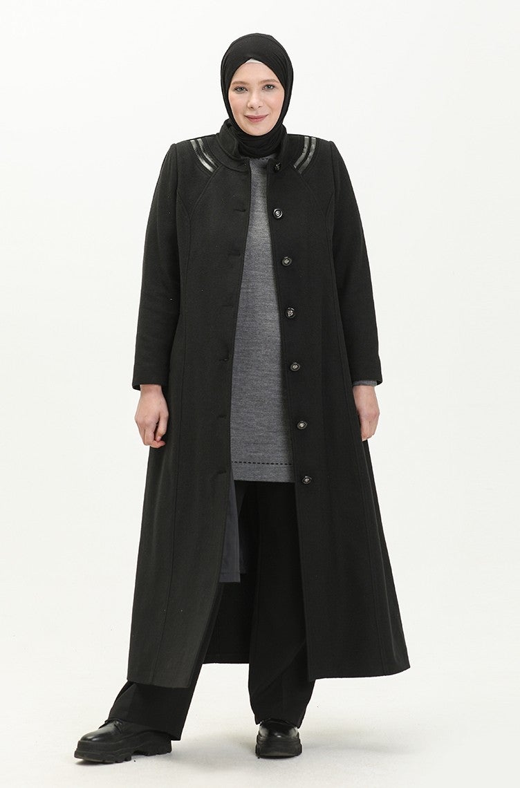 Sefa Merve Plus Size Buttoned Cashmere Coat 0417-01 Black  - Image 1