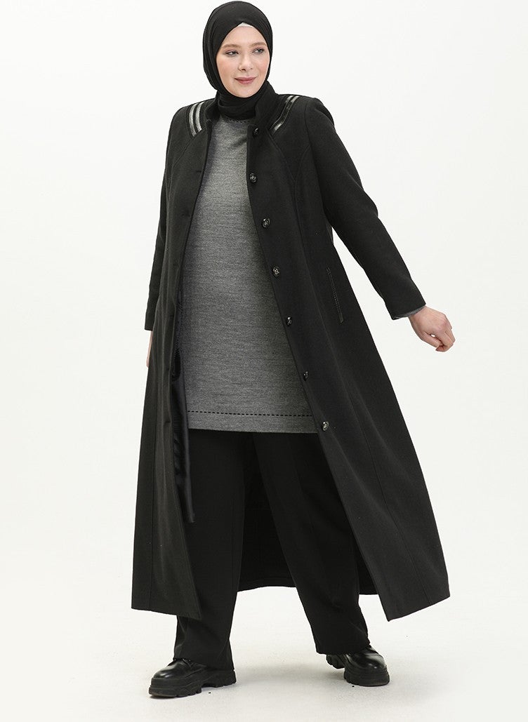 Sefa Merve Plus Size Buttoned Cashmere Coat 0417-01 Black  - Image 2