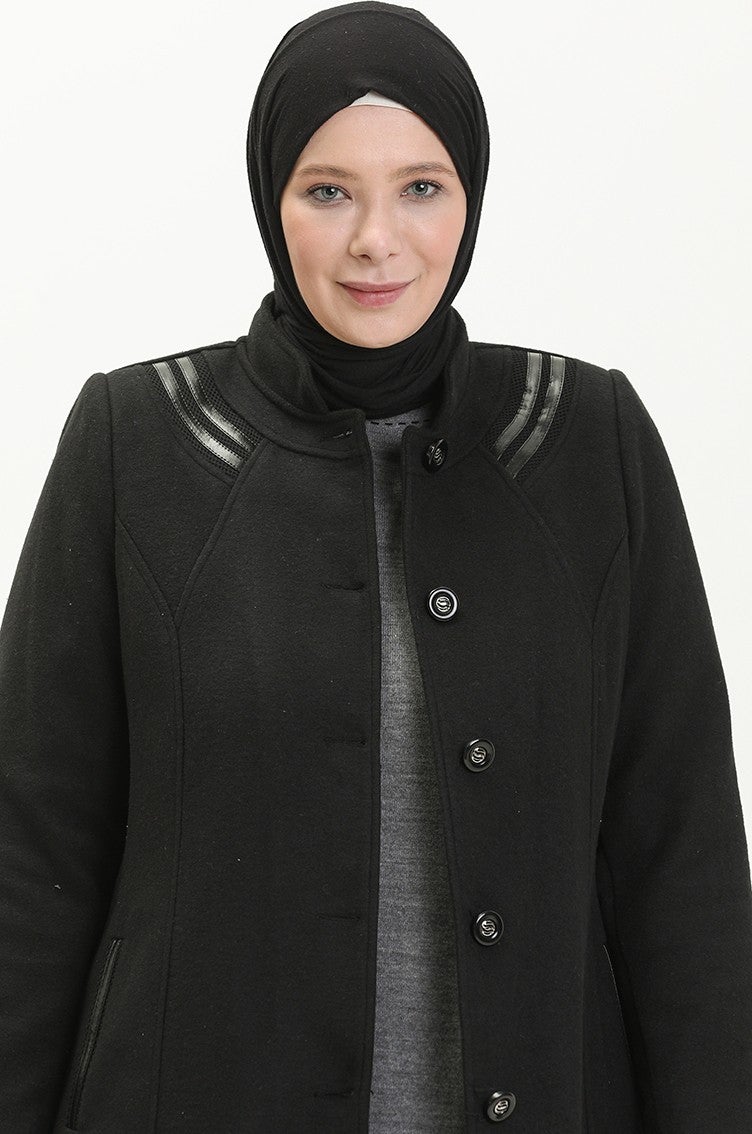 Sefa Merve Plus Size Buttoned Cashmere Coat 0417-01 Black  - Image 4
