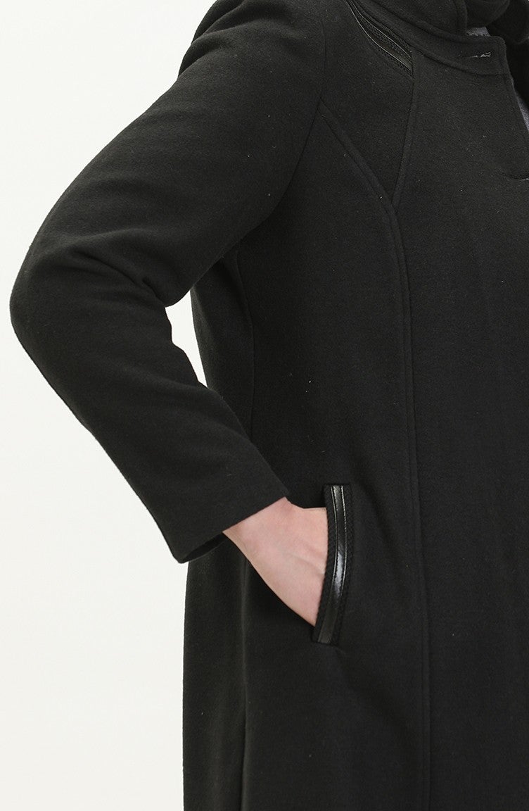 Sefa Merve Plus Size Buttoned Cashmere Coat 0417-01 Black  - Image 5
