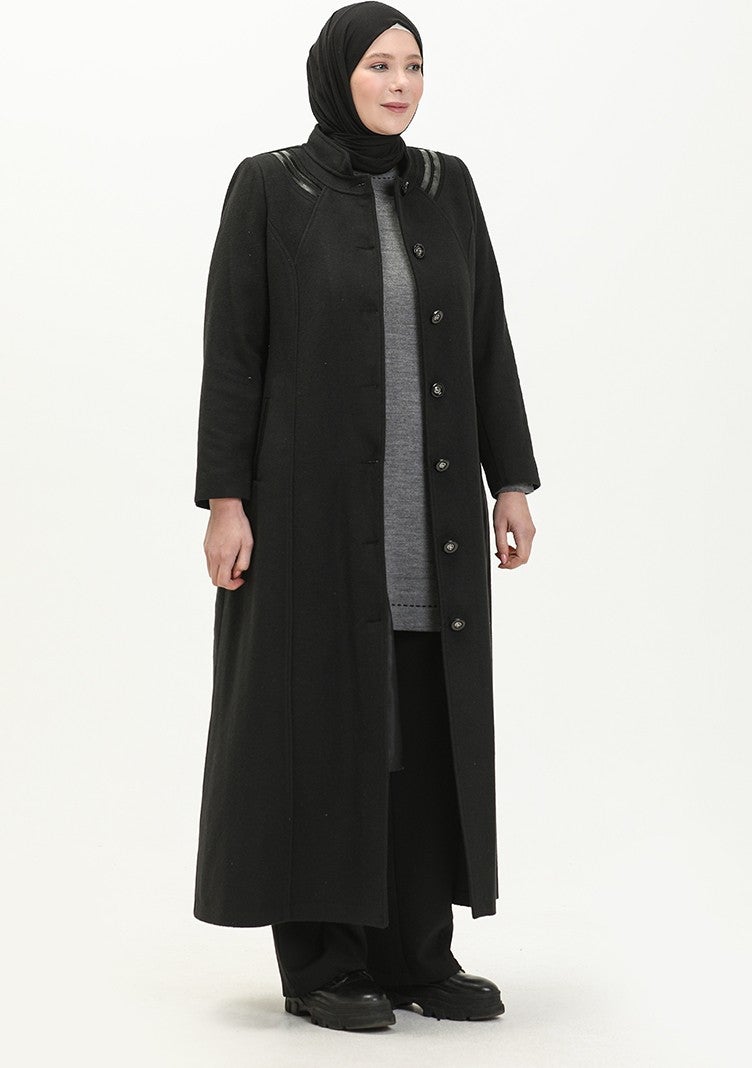 Sefa Merve Plus Size Buttoned Cashmere Coat 0417-01 Black  - Image 3