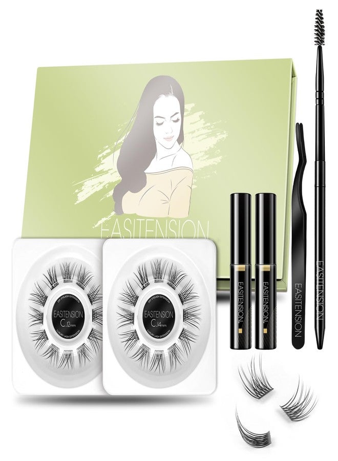 EASITENSION DIY Eyelash Extension, Glue Bonded Band Individual Lash 24 Clusters Natural Lashes Set, Home Eyelash Extension, C curl Lashes Pack 12mm,14mm (KIT-Natural) - Image 1