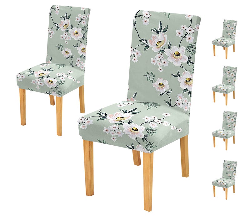 House of Quirk Elastic Chair Cover Stretch Removable Washable Short Dining Chair Cover Protector Seat Slipcover (Pack of 6, Pastel Green Flower), Polyester - Image 1