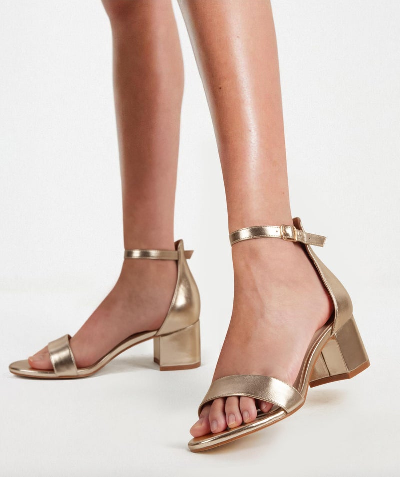 PARTY Women's Open Toe Ankle Strap Low Block Chunky Heels Sandals, Light Gold, 8 - Image 3