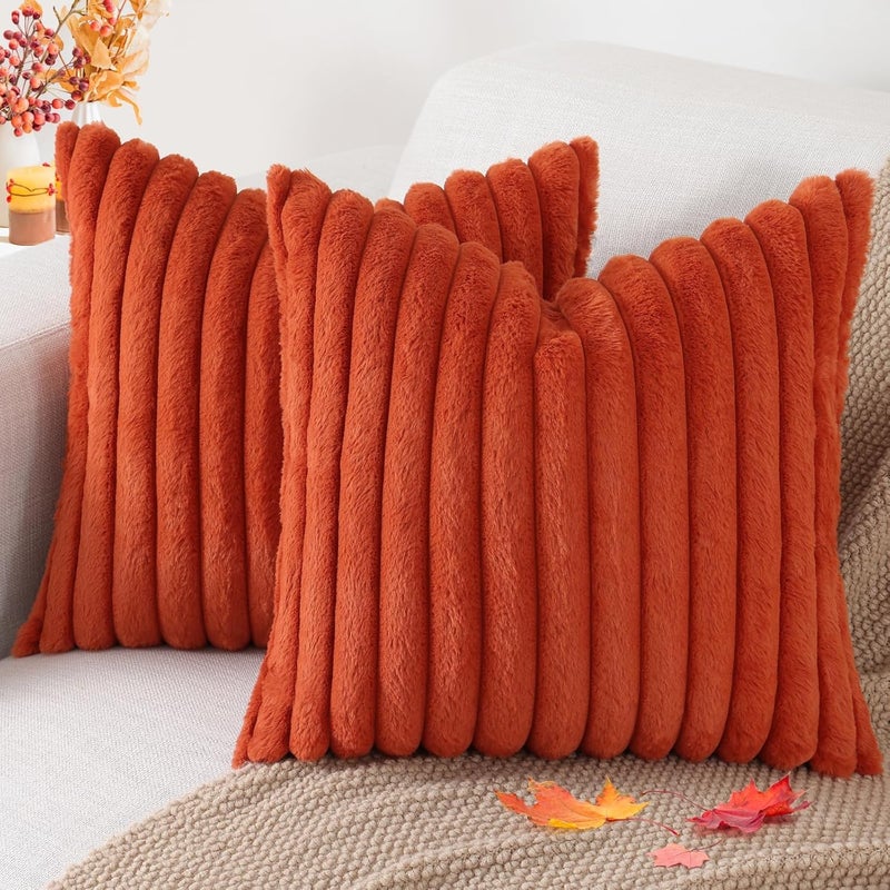Pallene Faux Fur Plush Fall Throw Pillow Covers 26x26 Set of 2, Luxury Soft Fluffy Striped Decorative Pillow Covers for Sofa, Couch, Living Room, Rust - Image 1