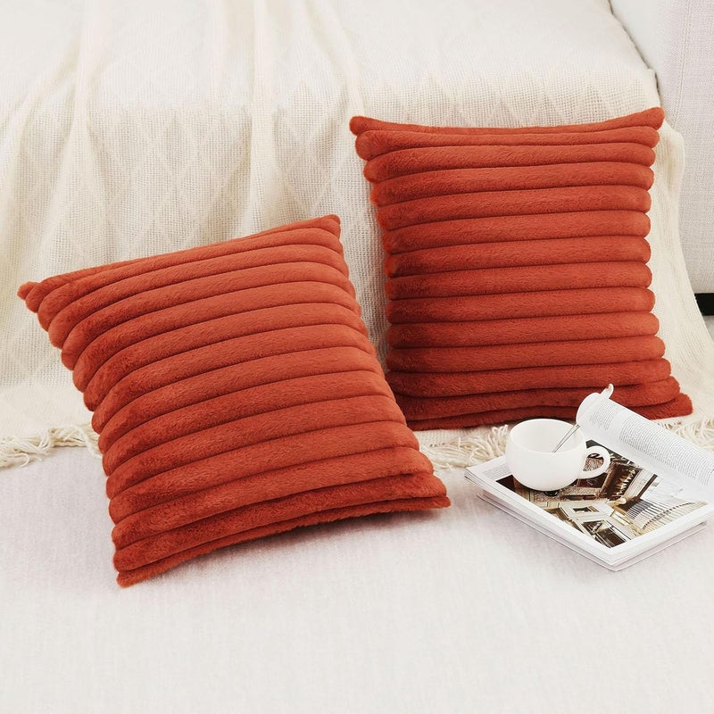 Pallene Faux Fur Plush Fall Throw Pillow Covers 26x26 Set of 2, Luxury Soft Fluffy Striped Decorative Pillow Covers for Sofa, Couch, Living Room, Rust - Image 4