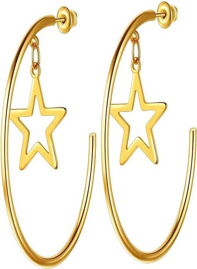 El Regalo Western Stainless Steel Drop Star Hoop Earrings for Women/Girls- Fashion Statement Star Big Circle Open Hoop Party Earrings - Image 1