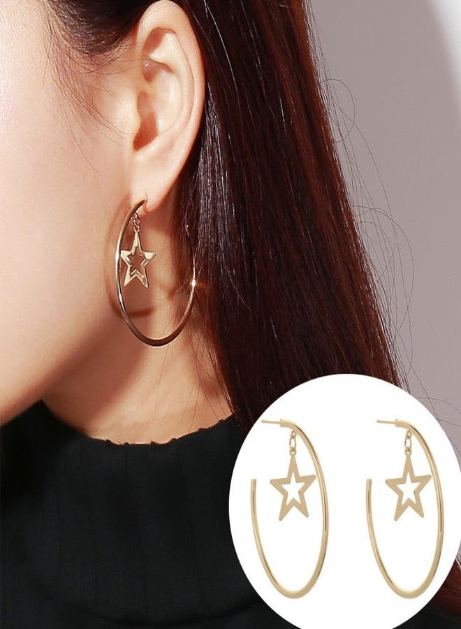 El Regalo Western Stainless Steel Drop Star Hoop Earrings for Women/Girls- Fashion Statement Star Big Circle Open Hoop Party Earrings - Image 3