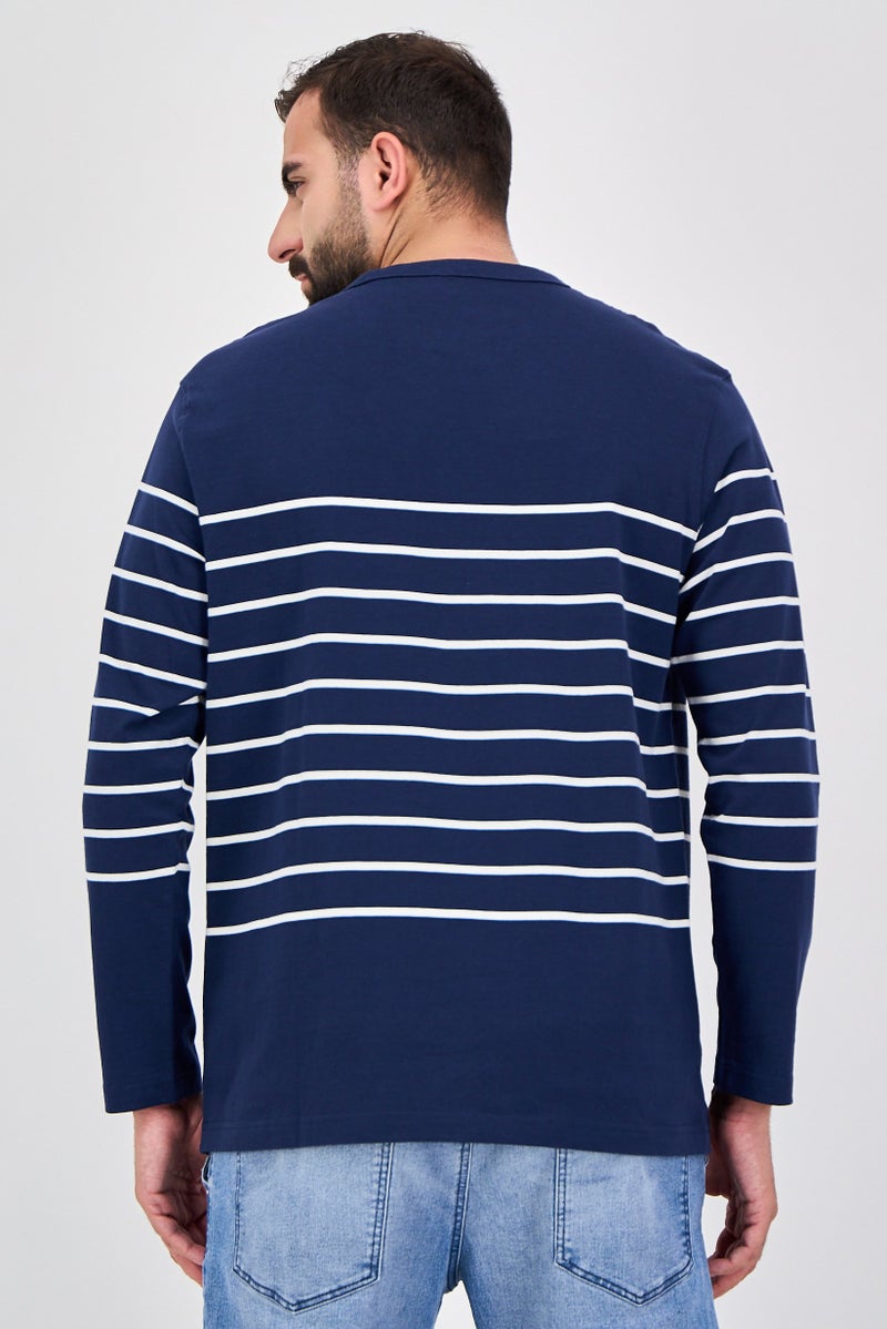 Celio Men Crew Neck Long Sleeve Stripe T-Shirt, Navy - Image 3
