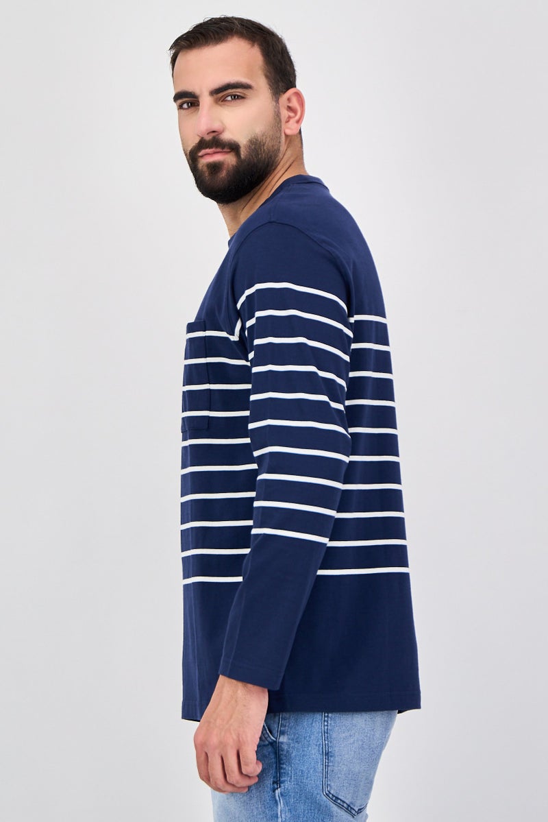 Celio Men Crew Neck Long Sleeve Stripe T-Shirt, Navy - Image 2