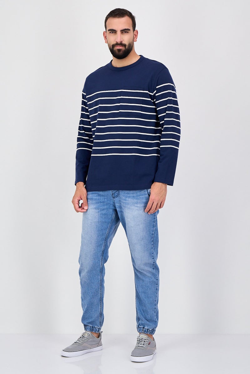 Celio Men Crew Neck Long Sleeve Stripe T-Shirt, Navy - Image 4