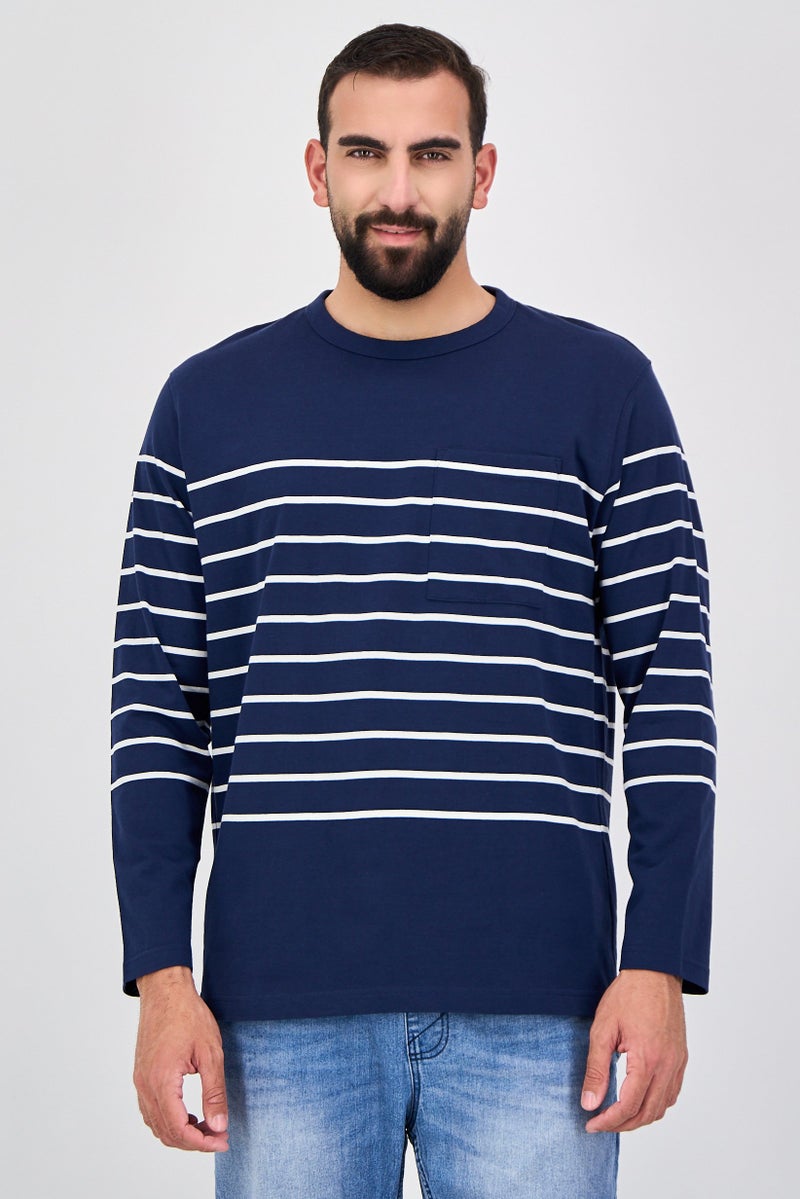 Celio Men Crew Neck Long Sleeve Stripe T-Shirt, Navy - Image 1
