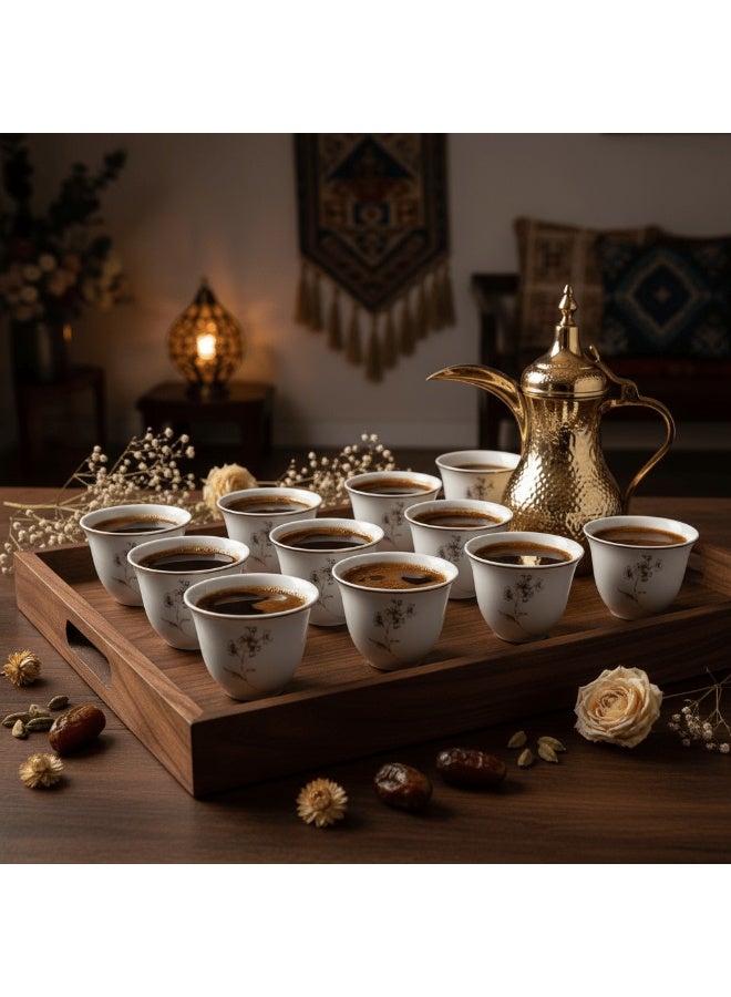 AKDC ABL White Ceramic Arabic 80ml Cawa Coffee Cups Set of 12 Gold Rim Floral Pattern Elegant Gahwa Cups - Image 1