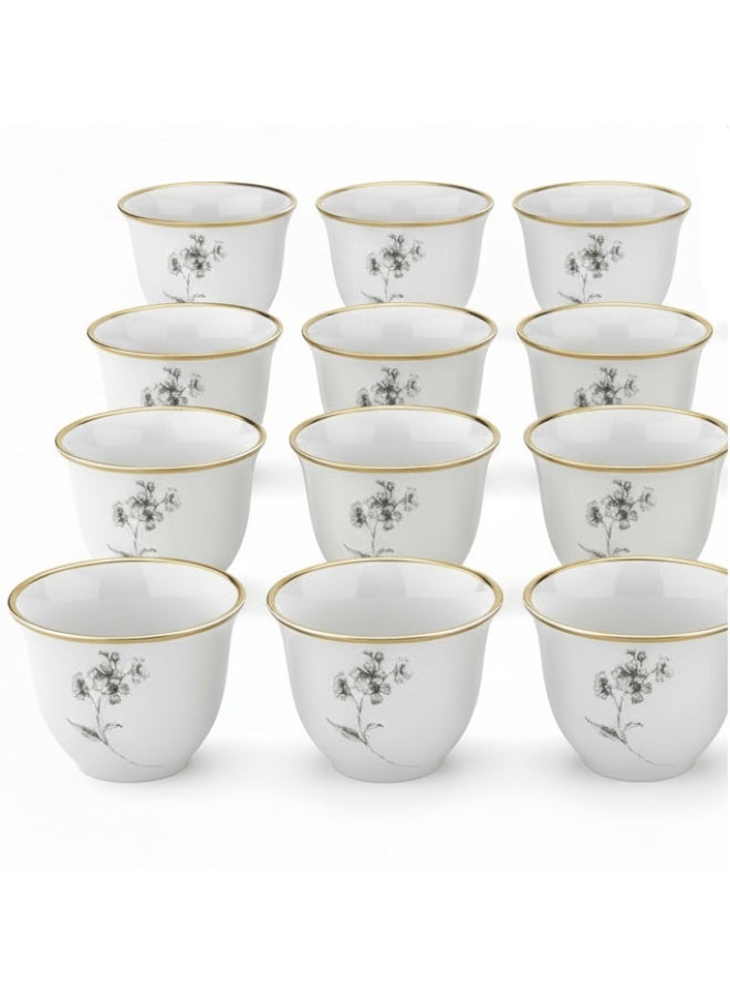 AKDC ABL White Ceramic Arabic 80ml Cawa Coffee Cups Set of 12 Gold Rim Floral Pattern Elegant Gahwa Cups - Image 2