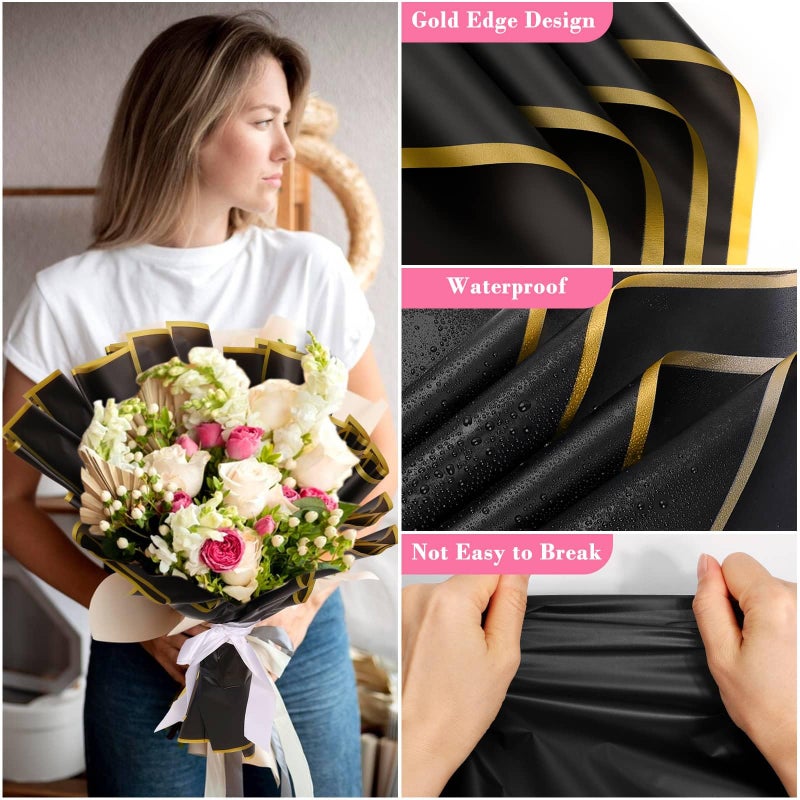 Flasoo 235Pcs Floral Wrapping Paper for Bouquet, Money Bouquet Kit with 20 Sheets Black Flower Wrapping Paper, Butterflies, Rhinestone Pins, Ribbons and Wooden Sticks for Flower Bouquets - Image 4
