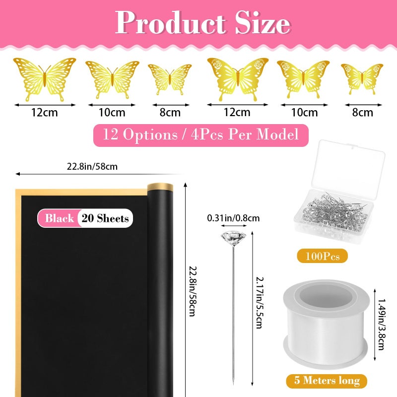 Flasoo 235Pcs Floral Wrapping Paper for Bouquet, Money Bouquet Kit with 20 Sheets Black Flower Wrapping Paper, Butterflies, Rhinestone Pins, Ribbons and Wooden Sticks for Flower Bouquets - Image 5