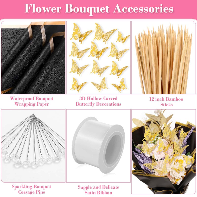 Flasoo 235Pcs Floral Wrapping Paper for Bouquet, Money Bouquet Kit with 20 Sheets Black Flower Wrapping Paper, Butterflies, Rhinestone Pins, Ribbons and Wooden Sticks for Flower Bouquets - Image 3