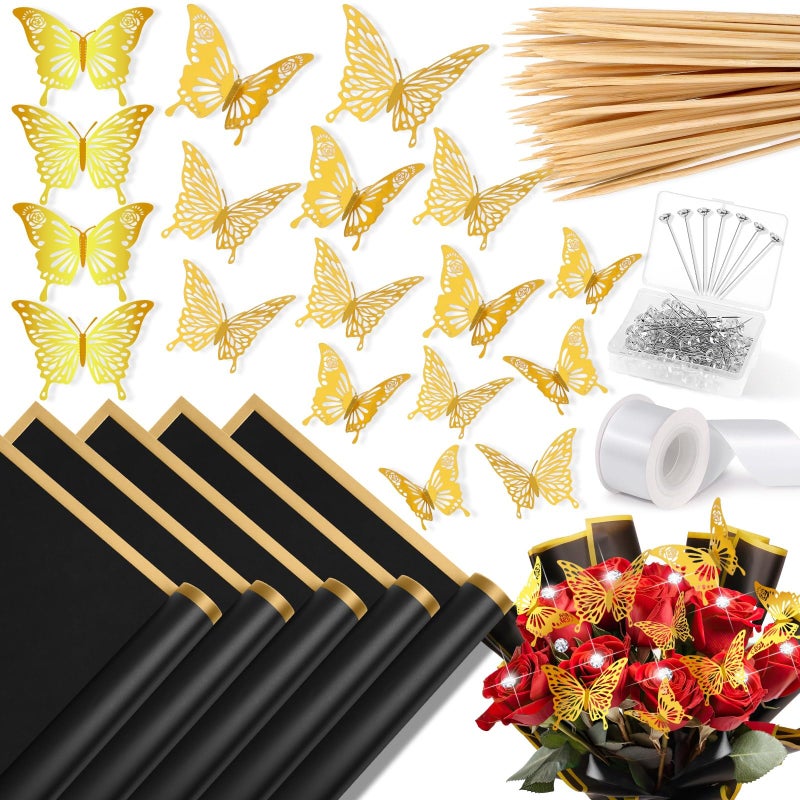Flasoo 235Pcs Floral Wrapping Paper for Bouquet, Money Bouquet Kit with 20 Sheets Black Flower Wrapping Paper, Butterflies, Rhinestone Pins, Ribbons and Wooden Sticks for Flower Bouquets - Image 1