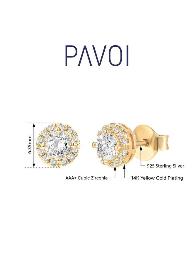 بافوا أقراط بافوي من الفضة الإسترلينية المطلية بالذهب عيار 14 قيراطًا والمرصعة بالزركونيا المكعبة والمزينة بهالة دائرية من الذهب الأصفر - Image 5