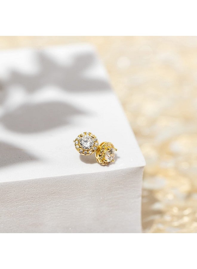 بافوا أقراط بافوي من الفضة الإسترلينية المطلية بالذهب عيار 14 قيراطًا والمرصعة بالزركونيا المكعبة والمزينة بهالة دائرية من الذهب الأصفر - Image 3