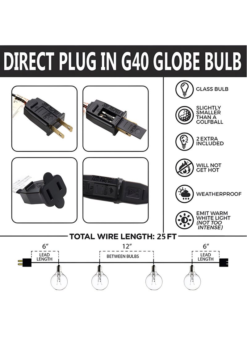 دافئ أضواء LED زخرفية من طراز G40 مع صندوق هدايا، 25 لمبة مقاومة للكسر + 2 لمبات احتياطية، طول 7.6 متر، مقاومة للماء، مناسبة للاستخدام الخارجي، مصابيح كروية قابلة للتوصيل، أضواء معلقة للفناء الخلفي للمنزل والحدائق والشرفات والخيام والحفلات، إضاءة بيئية باللون الأبيض الدافئ، إضاءة زخرفية لتزيين الفناء والحديقة، مناسبة لعيد الفطر ورمضان وعيد الميلاد والمناسبات الخاصة - Image 5