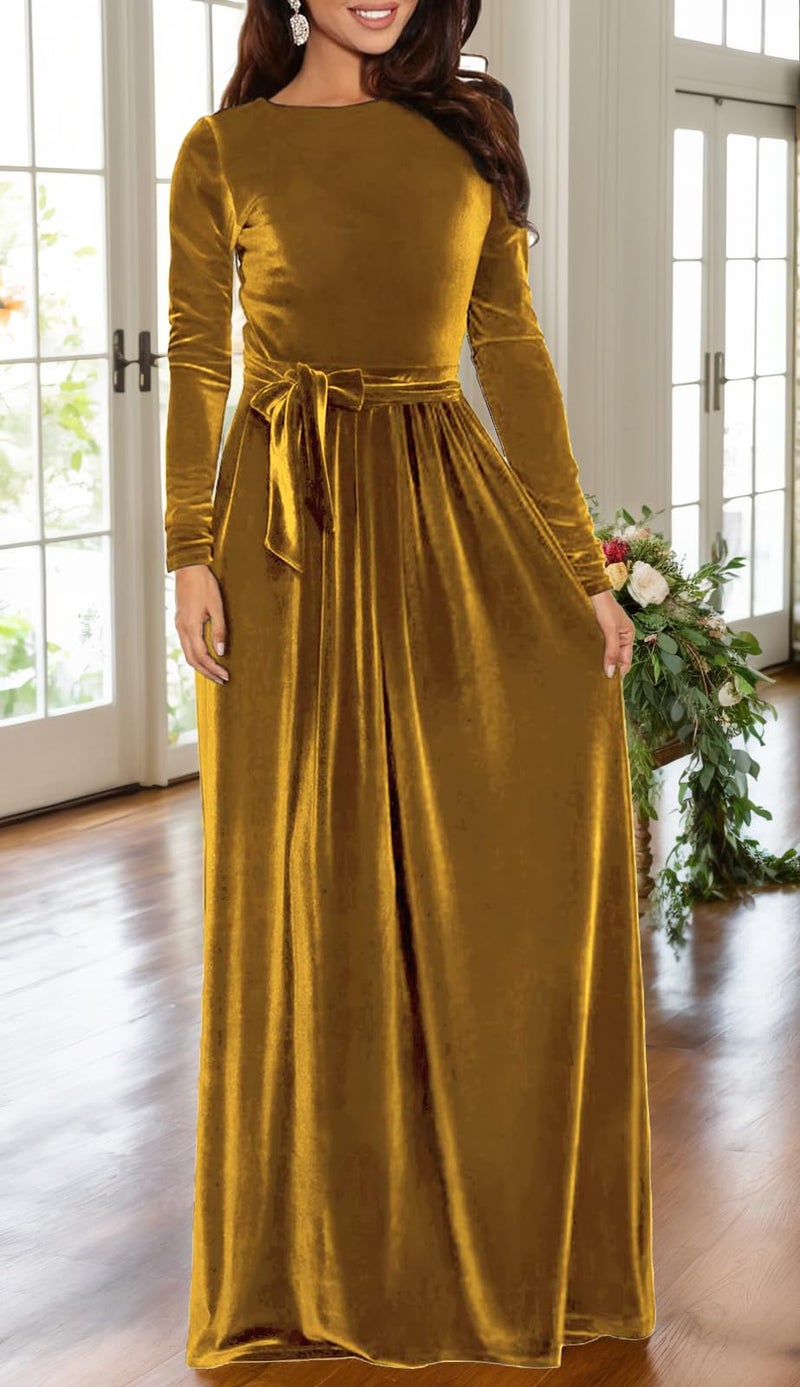 BestGirl Women's Velvet Maxi Dress Crew Neck Long Sleeve High Waist with Belt Cocktail Party Bridesmaid Dresses - Image 4