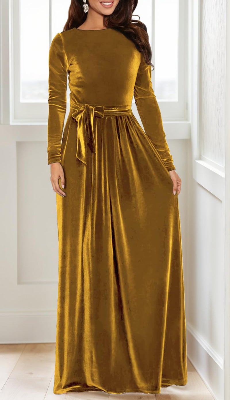 BestGirl Women's Velvet Maxi Dress Crew Neck Long Sleeve High Waist with Belt Cocktail Party Bridesmaid Dresses - Image 5