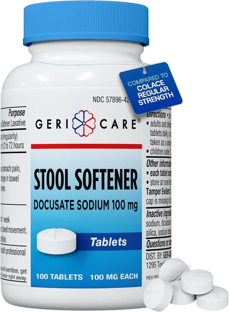 GeriCare GeriCare Docusate Sodium Stool Softeners, Best Stool Softener for Daily use for Women, Men, and Elderly - Ideal for Constipation Relief 100mg Crushable Tablets. (100 Count) Made in The USA. 
