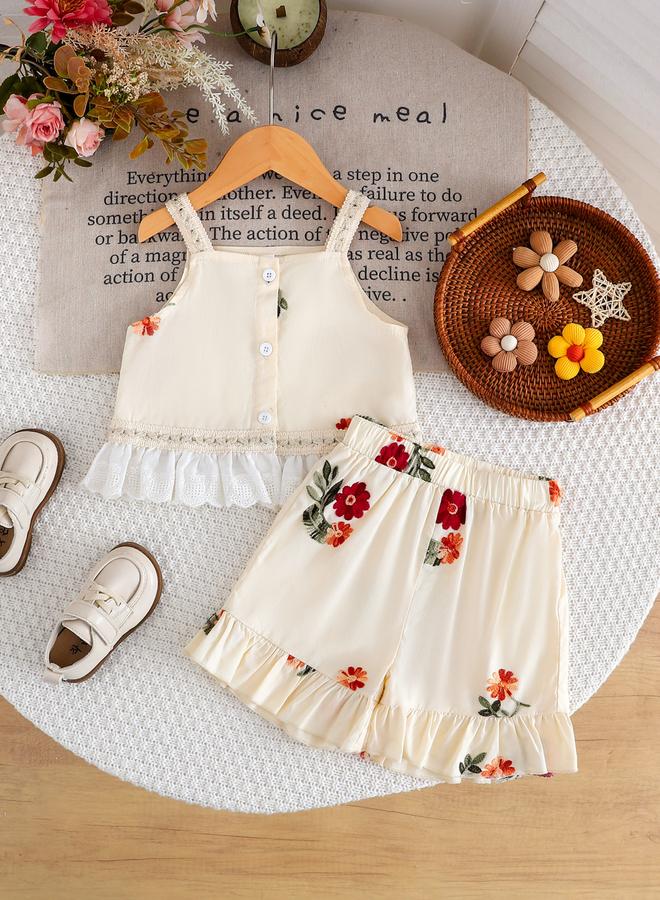 Take Two Girls Floral Print Sleeveless Ruffle Hem Top And Shorts Set - Image 1