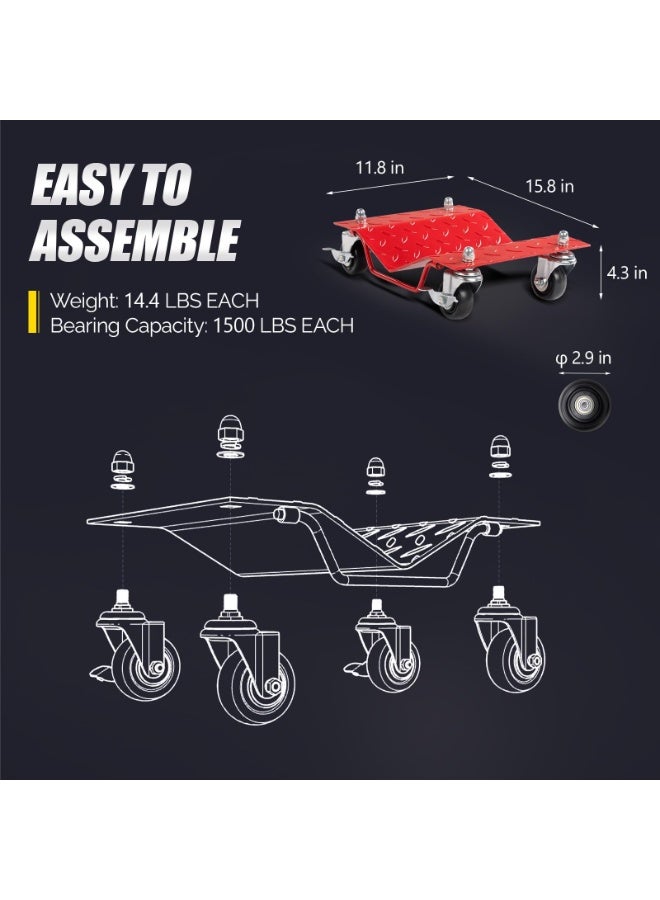 LAMAY Car Dolly Set of 4, 6000LBS Capacity Wheel Dolly, Heavy Duty Vehicle Dolly, Steel Tire Skates with Brakes, Red - Image 2