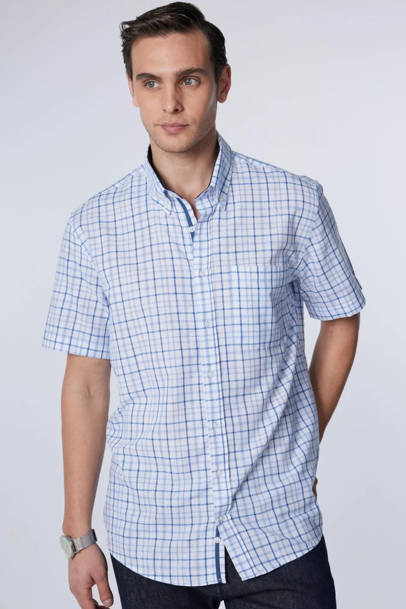 تودورس Classic Fit Short Sleeve Button Collar Single Pocket Checked Summer Linen Effect Men's Shirt
