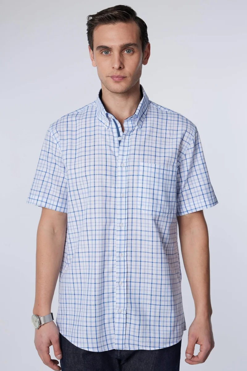 تودورس Classic Fit Short Sleeve Button Collar Single Pocket Checked Summer Linen Effect Men's Shirt