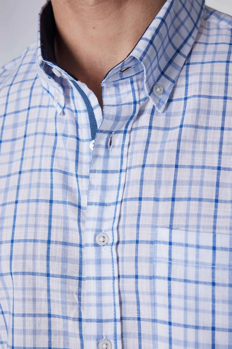 تودورس Classic Fit Short Sleeve Button Collar Single Pocket Checked Summer Linen Effect Men's Shirt