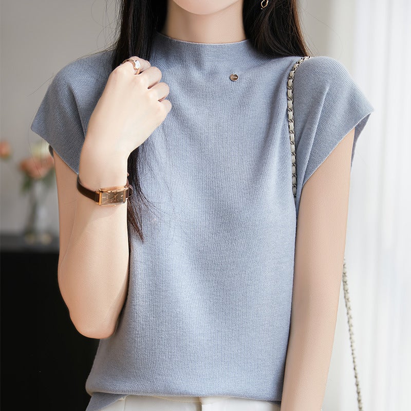 Summer Worsted Wool Flying Sleeve Self-Led Knitted Short-Sleeved T-Shirt Women'S Solid Color Sleeveless Top Base Half-High Collar - Image 4