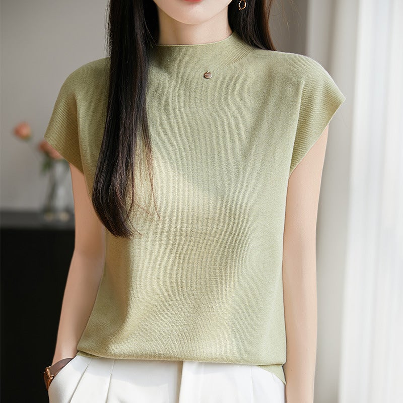 Summer Worsted Wool Flying Sleeve Self-Led Knitted Short-Sleeved T-Shirt Women'S Solid Color Sleeveless Top Base Half-High Collar - Image 3