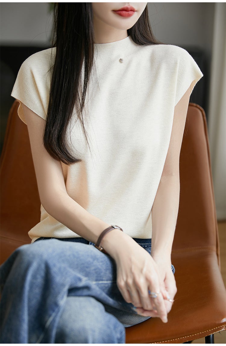 Summer Worsted Wool Flying Sleeve Self-Led Knitted Short-Sleeved T-Shirt Women'S Solid Color Sleeveless Top Base Half-High Collar - Image 1