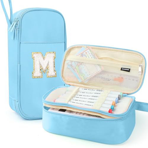 Nuozme Large Pencil Case,Big Capacity Pencil Pouch,Personalized Initial Pencil Bag with smooth zipper,Multiple Pockets,Cute Aesthetic Stationery Pen Case Bag for Teen Girls College (Blue, M) - Image 1