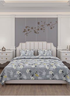 Status Contract Status Contract-Cotton Rich Double Bedsheet with 2 Pillow Covers for Bed Room, Home, Hotel-120 GSM, Grey-White Flower, 220 X 240 Cm  - Image 1