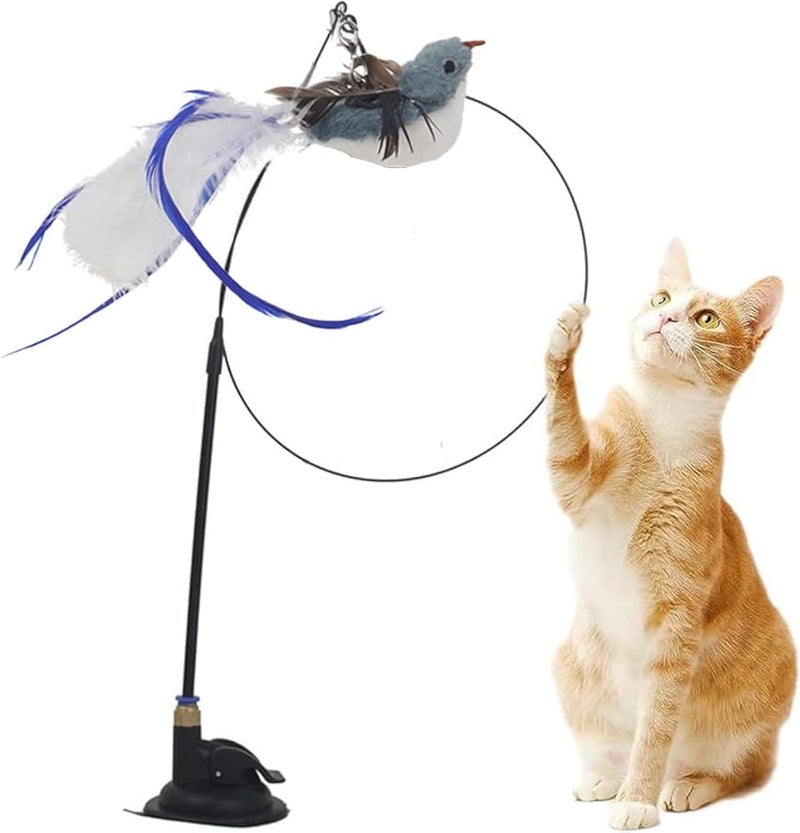 NeoStyle Cat Feather Toys,Cat Wand Toy with Powerful Suction Cup,Interactive Cat Toy Detachable Feather Replacements with Bell for Indoor Cats (Grey bird, Cat Teaser Toy with Suction Cup) - Image 1