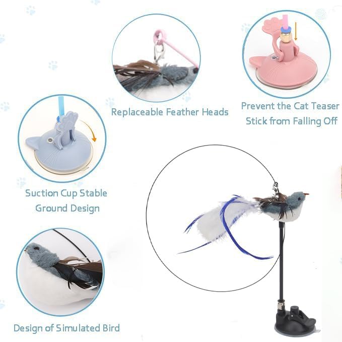 NeoStyle Cat Feather Toys,Cat Wand Toy with Powerful Suction Cup,Interactive Cat Toy Detachable Feather Replacements with Bell for Indoor Cats (Grey bird, Cat Teaser Toy with Suction Cup) - Image 3