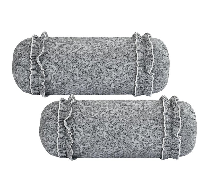 LCF Luxmi Cotton Fabrics | Deisgner Frill Decorative Printed Diwan Set (1 Diwan Flat Sheet, 2 Designer Frill Decorative Bolster Covers, 5 Designer Frill Decorative Cushion Covers) (Grey) - Image 3