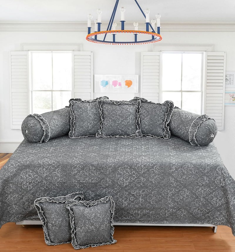 LCF Luxmi Cotton Fabrics | Deisgner Frill Decorative Printed Diwan Set (1 Diwan Flat Sheet, 2 Designer Frill Decorative Bolster Covers, 5 Designer Frill Decorative Cushion Covers) (Grey) - Image 1