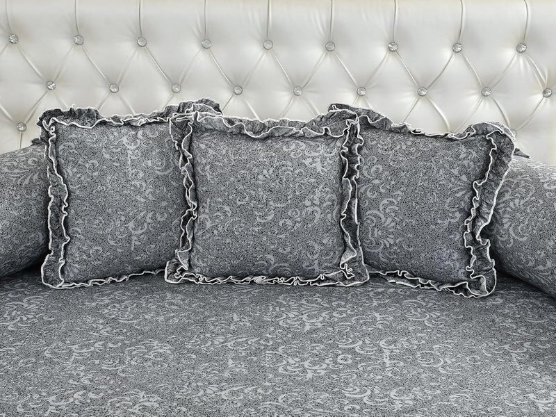 LCF Luxmi Cotton Fabrics | Deisgner Frill Decorative Printed Diwan Set (1 Diwan Flat Sheet, 2 Designer Frill Decorative Bolster Covers, 5 Designer Frill Decorative Cushion Covers) (Grey) - Image 2
