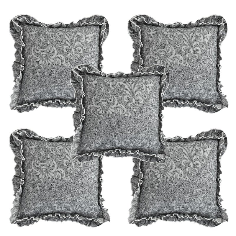 LCF Luxmi Cotton Fabrics | Deisgner Frill Decorative Printed Diwan Set (1 Diwan Flat Sheet, 2 Designer Frill Decorative Bolster Covers, 5 Designer Frill Decorative Cushion Covers) (Grey) - Image 4
