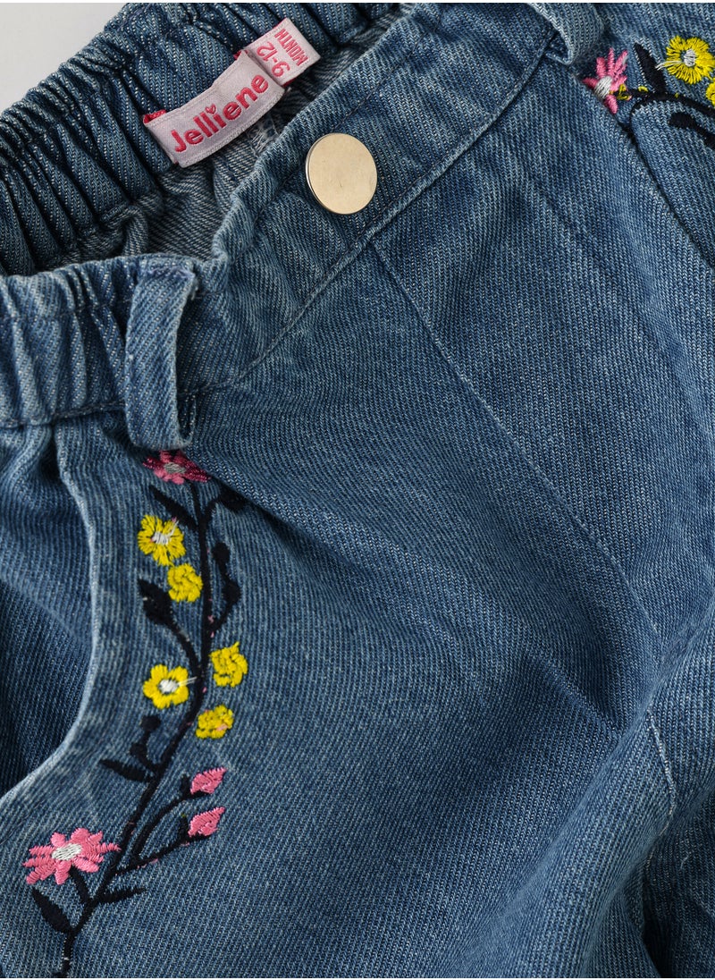 Jelliene - Girls Denim Pants with Floral Embroidery - Image 1